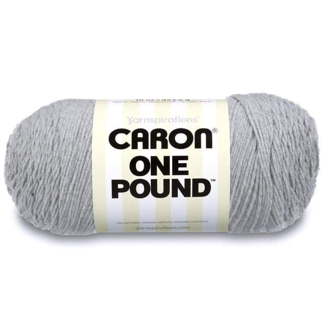 Caron® One Pound™ Yarn, Acrylic #4 Medium, 16oz/454g skein in light grey, tightly wound worsted weight yarn ball with cream and white striped label and bold black text, ideal for knit and crochet accessories, garments, and home decor projects.