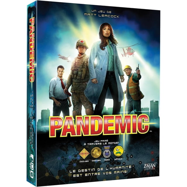PANDEMIC board game box featuring four disease-fighting specialists including a doctor in a white lab coat, a soldier, a businessman, and a worker with a walkie-talkie, set against a city skyline with a helicopter and airplane overhead, illustrating global strategy to control infectious diseases.