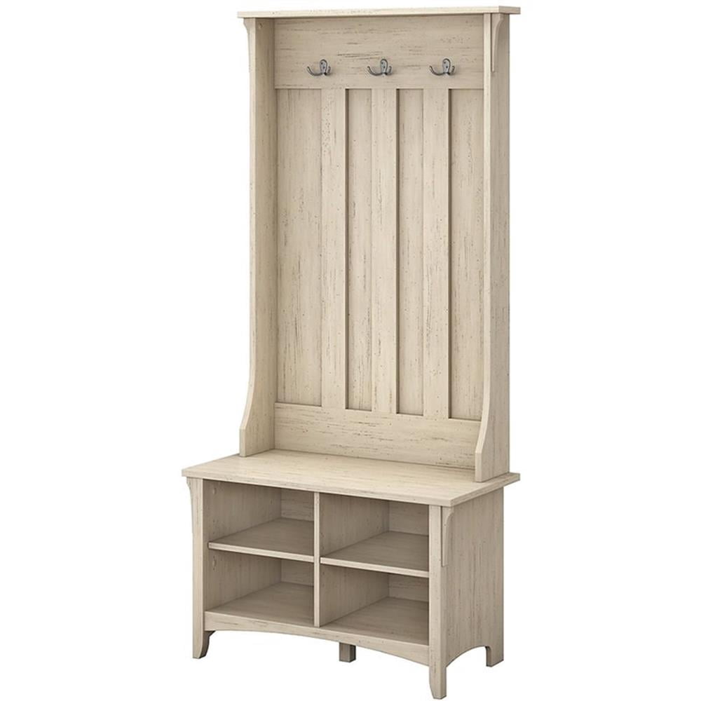 Bush Furniture Salinas Portemanteau avec Banc de Rangement en Blanc Antique