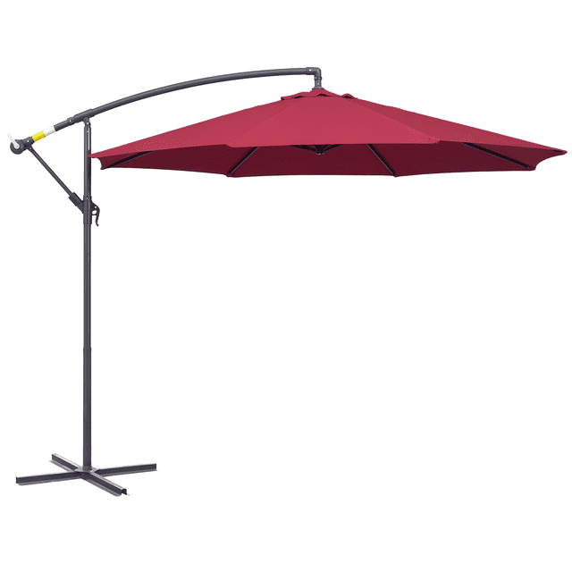 Outsunny Parasol de Patio Φ10 Pieds de Luxe pour l'Extérieur, Parasol de Marché en Rouge Vin, Doté d'Un Auvent de 10 Pi de Diamètre Résistant aux UV et à l'Eau, Supporté par un Cadre en Métal Solide avec 8 Baleines et un Système de Levage à Manivelle pour un Réglage à 360 Degrés. Comprend un Support Robuste à base Croisée pour la Stabilité, Convient aux patios, Jardins Ou au Bord de la Piscine.
