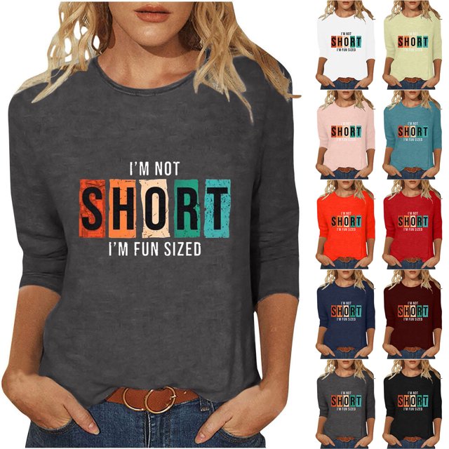 Chemises pour Femmes Habillées Décontractées, Chemises à Manches 3/4 pour Femmes, Tuniques à Manches Courtes Grande Taille pour Femmes, T-shirt à Manches 3/4 à Col Rond Imprimé Lettres Mode Décontractée pour Femmes