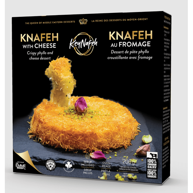 Levantine Knafeh with Cheese 200g 16ct showing a round crispy phyllo and cheese dessert topped with a pink rosebud and pistachio crumbs on a dark slate plate, packaged in a black box with bilingual English and French text, halal certification, 100% Canadian dairy, oven-ready and syrup included labels.