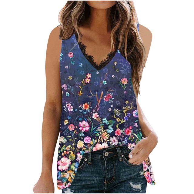 Cameland Débardeur Blouse Sans Manches à Col en V en Dentelle Patchwork Imprimée pour Femme
