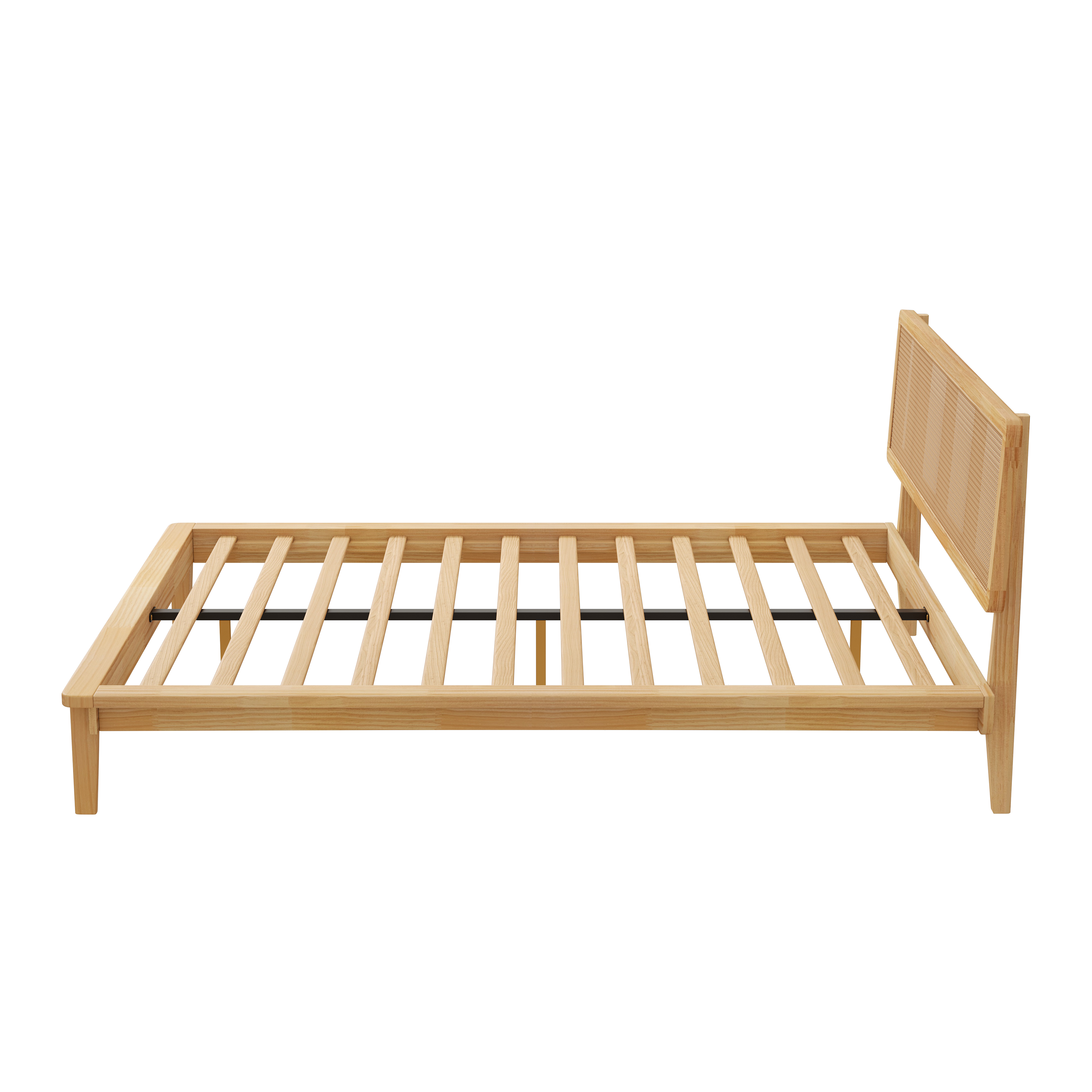 Noble House Modern Rattan Platform Bed,Cane Headboard & Footboard with Natural Woven Panels,Mid-Century Bed Frame,Walnut