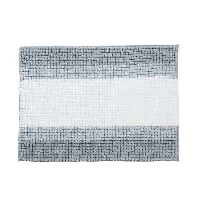 Stripe Chenille Bath Mat 20X28 Gray rectangular bath mat with a central white stripe bordered by gray chenille fabric, featuring a soft, absorbent texture and anti-slip backing, suitable for bathroom floors and often used as a small area rug.