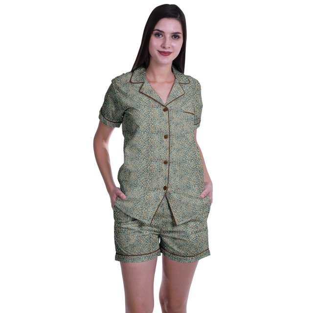 Moomaya Pyjama pour Femmes Imprimé, Ensemble Deux Pièces à Col Cranté avec Short