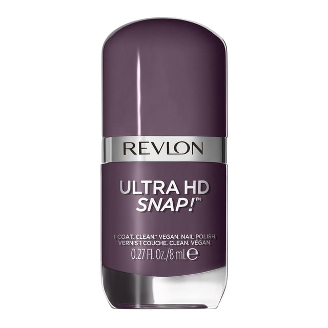 Revlon Ultra HD Snap Vegan Glossy Nail Polish 8mL in deep purple with a rounded cap and silver band featuring the Revlon logo, designed for quick-drying, one-coat full coverage vegan nail colour with an ergonomic cap and flat brush for smooth, streak-free application, ideal for easy at-home manicures.