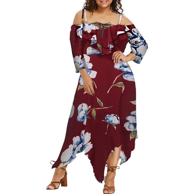 LSLJS Robe Maxi Fluide à Imprimé Floral pour Femmes, Épaules Dénudées, Grande Taille, à Lacets