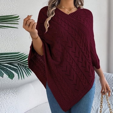 EGNMCR V-Neck Sweater Women's Casual Solid Color Dough Twists Loose Cloak Sweater Coat Top Women Polyester Blouse