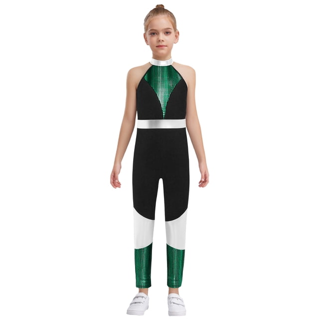 Freebily Kids Girls Shiny Metallic Gymnastic Unitard Sleeveless Bodysuit for Training and Performance Green 6