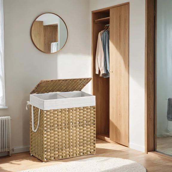 Panier à Linge à Double Section avec Couvercle et 6 Sacs en Maille – Capacité de 110 L, Doublures Amovibles et Lavables, Cadre en Acier Robuste et Rotin pour Salle de Bain, Maison – Naturel