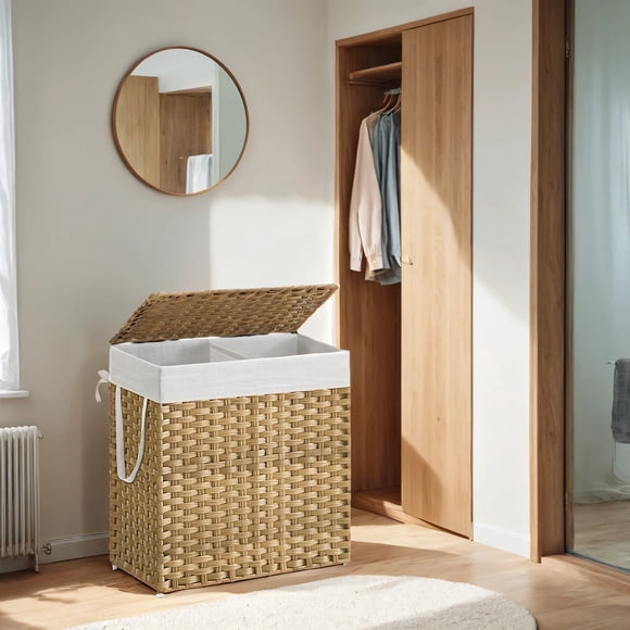 Double-Section Laundry Hamper with Lid & 6 Mesh Bags – 110L Capacity, Removable Washable Liners, Sturdy Steel Frame & Rattan for Bathroom,Home – Natural