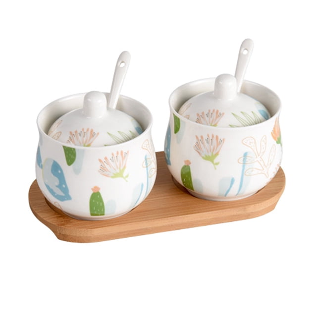 Ceramic Sugar Bowl With Lid, Porcelain Sugar Pot With Spoon, Small Salt Pot, Storage Jar , For Coffee Bar, Restaurant-Flower-2 Set