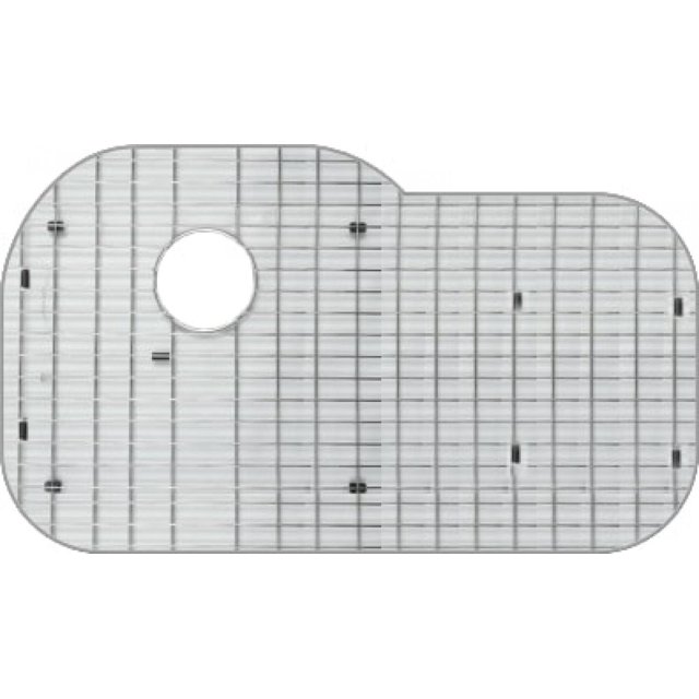 American Imaginations 29.25-in. W Kitchen Sink Grid AI-34772, a rectangular stainless steel grid with chrome finish and circular cutout for drain access. Designed for drop-in installation, it features black rubber feet to protect the sink surface and supports kitchen sink organization.