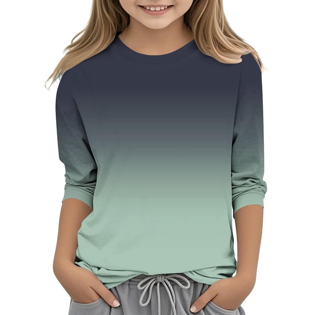 2025 Filles T-Shirts Décontractés Manches 3/4 Col Rond Tops d'Été T-Shirts Unis Blouses d'Automne Chandail Tops Gris