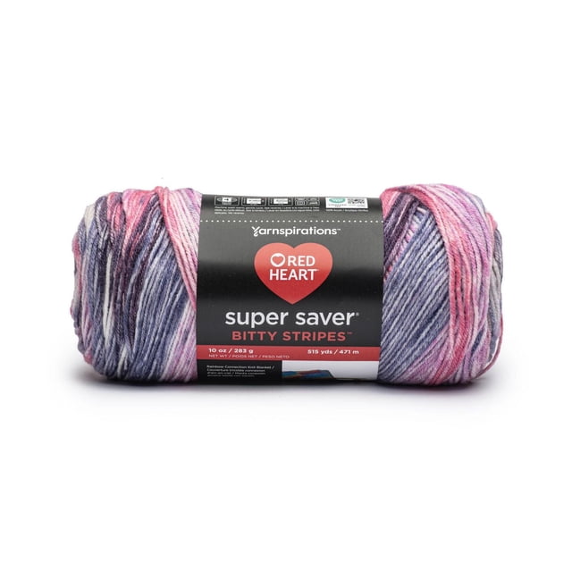 Red Heart® Super Saver® Bitty Stripes™ Yarn, Acrylic #4 Medium, 10oz/283g, 515 Yards, multicolored yarn skein with variegated pink, purple, and white stripes, wrapped in a black label featuring the Red Heart logo and product details, suitable for knitting, crochet, and crafting vibrant projects.