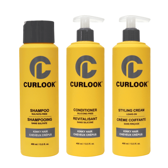 Curlook Ensemble pour Cheveux Crépus et Duveteux / Shampooing, Revitalisant et Crème Coiffante Sans Rinçage / Sans Sulfates, Sans Silicone / 400 ml (13,5 oz) par Bouteille / Fabriqué au Canada Produits pour Cheveux Bouclés / Lot de 3