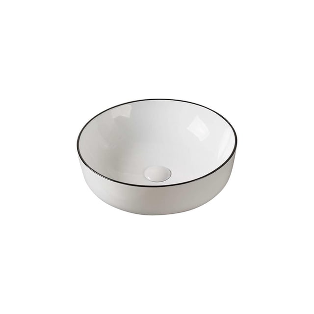 A&E Bath and Shower ALFA Évier, un Évier de Salle de Bain à Cuve Circulaire en Céramique pour installation au-Dessus du Comptoir, avec une Finition Blanc Lustré, un Bord Noir Fin et une surface Polie, Doté d'Un Trou de Drainage central Sans drain Inclus, Idéal pour les Salles de Bain Contemporaines.