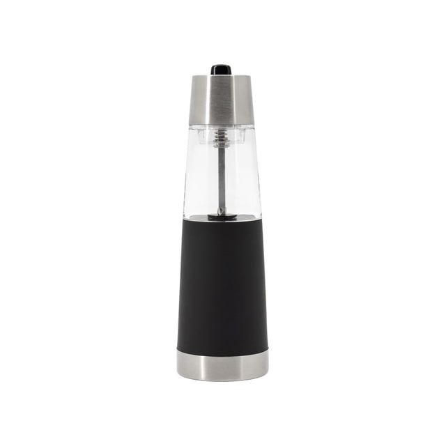 Farberware Gravity-Activated Grinder with a conical shape, clear midsection for spice visibility, black matte lower body, and brushed stainless steel top and base, featuring a gravity-activated ceramic mechanism and adjustable coarseness for salt or pepper grinding.