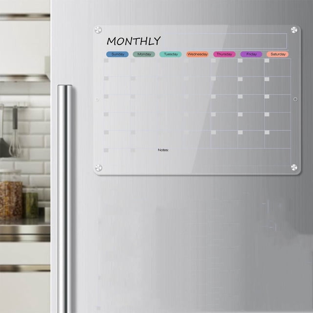 Magnetic Acrylic Calendar Board for Refrigerator, Monthly & Weekly Planner, Dry Erase Whiteboard, Home & Office Program Management, Clear