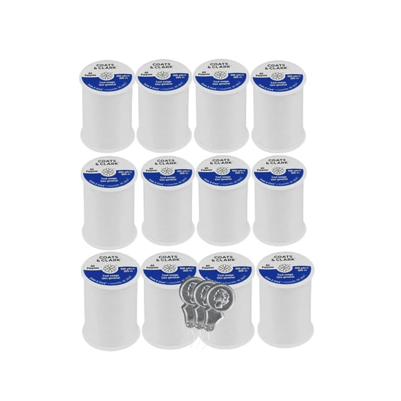 Coats & Clark Dual Duty All Purpose Thread 230A - White - 400 Yards Each Spool - 12 Pack Bundle with Bella's Crafts Needle Threaders (White)