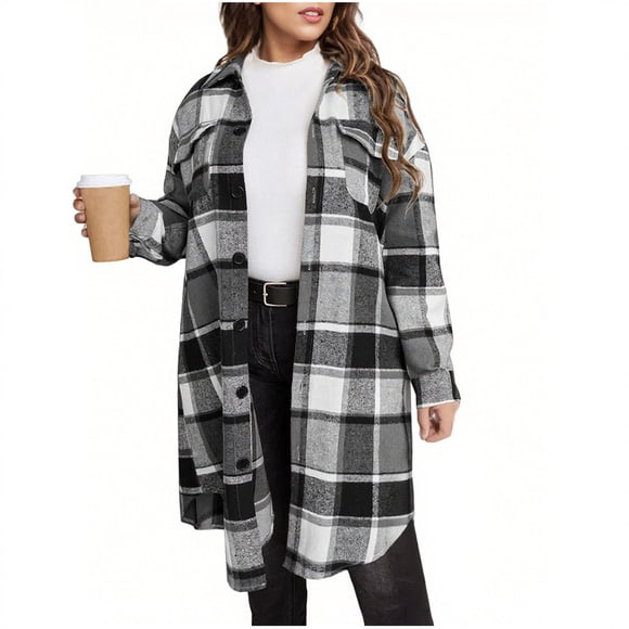 Womens Flannel Plaid Long Sleeve Shirt, Plus Size Lapel Button down Tartan Long Jacket Coats