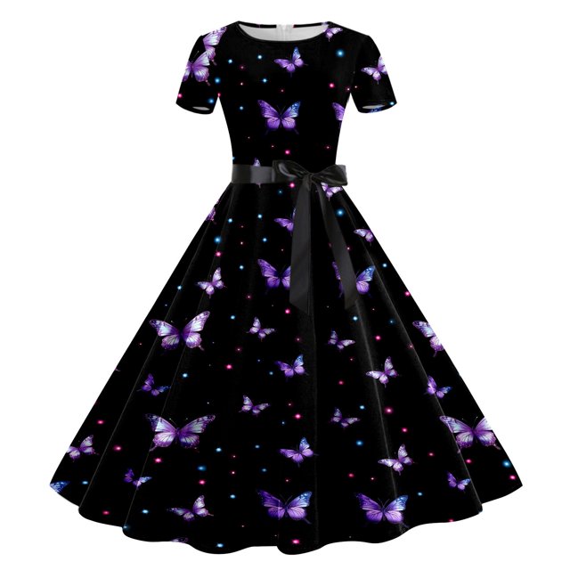 WILLBEST Robe Grise pour Femmes Femmes Imprimé Col Rond Manche Courte Robe de Soirée Bal des Années 1950