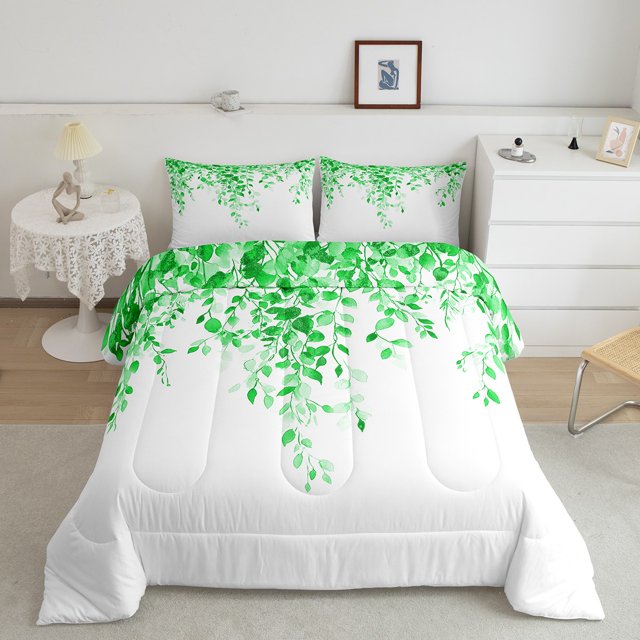Erosebridal Cartoon Leaf Bedding Queen Comforter Set, Rustic Botanical Down Comforter, Eucalyptus Leaves Decor, Reversible