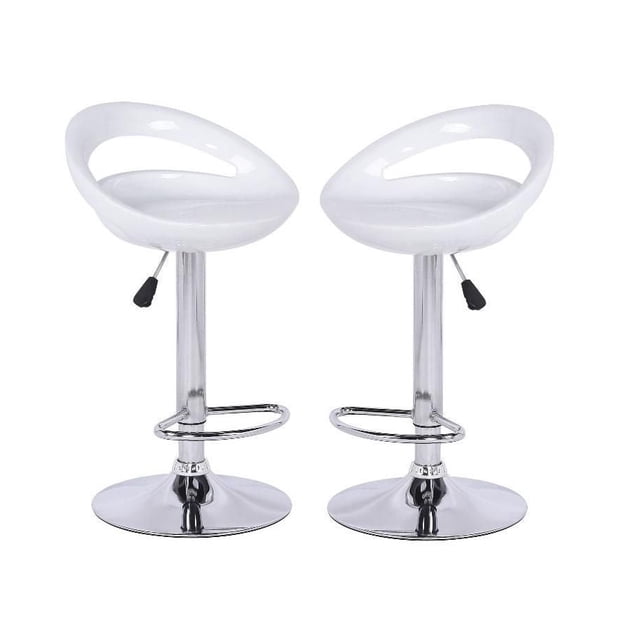 Heavenly Collection White Round Stool, two white adjustable stools with shiny plastic seats and low backs, chrome pedestal bases with footrests and mechanical height adjustment levers, featuring 360-degree swivel, suitable for kitchen or bar seating and casual dining.