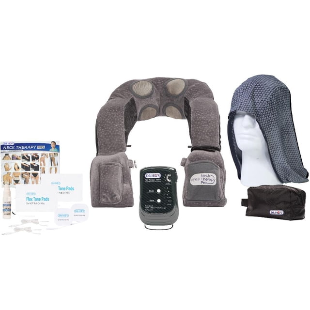 DR-HO'S Neck Pain Pro therapy neck massager with ergonomic self-contouring design, featuring four high-tech fabric pain relief electrodes, multiple therapy modes, arm rests, and a breathable cover. Includes a 4-pad pain therapy device, two regular body pads, two large body pads, pain relief spray (4oz), travel foot therapy pads, electrotherapy gel, and a travel bag. Requires 2 AAA alkaline batteries (not included).