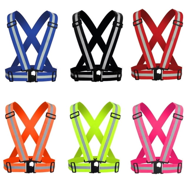 Jinswick Adjustable Safety Security High Visibility Reflective Vest Elastic Strap Jacket in orange, shown alongside other color options including blue, black, red, neon yellow, and pink. Features 360-degree reflectivity for high visibility during the day and night, extra wide straps for comfort, and a quick lock and release belt buckle. Made from lightweight, breathable material and folds for easy storage.