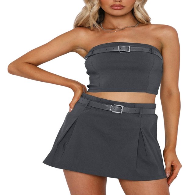 Tenue d'Été 2 Pcs pour Femmes Débardeur Court Sans Manches + Jupe Plissée Mini avec Ceintures