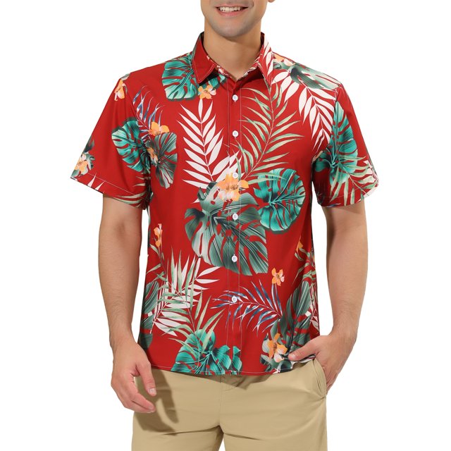 INSPIRE CHIC Chemises pour Hommes Manches Courtes Imprimé Floral Boutonné Col Pointu Chemise Hawaïenne 38 Rouge Vert