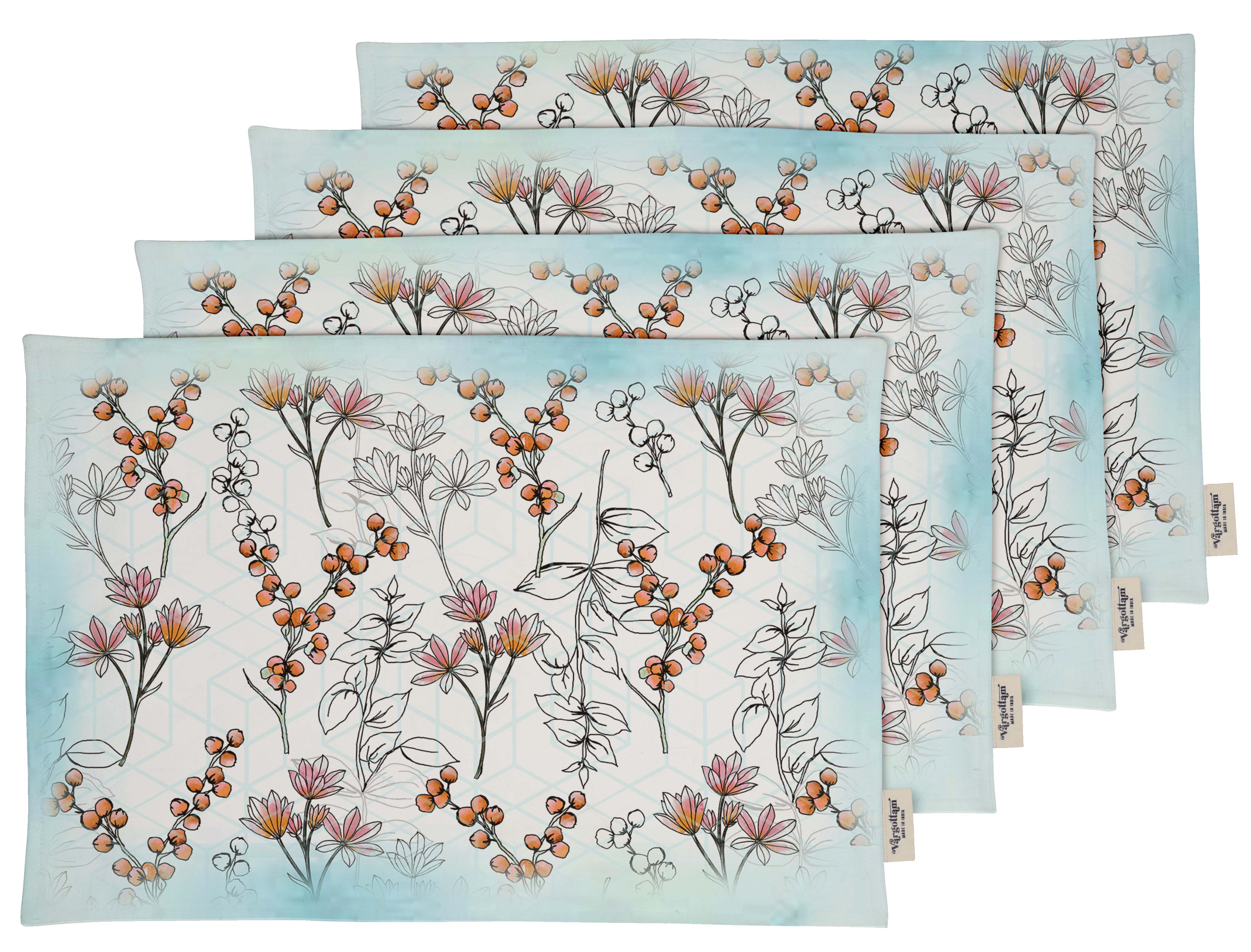 Vargottam Napperons - Napperon pour Table à Manger, Ensemble de 4 - Serviette en Coton Imprimée et Réversible - Napperons d'Intérieur pour Table de Salle à Manger à la Maison et en Cuisine - Baies (Vert et Orange)