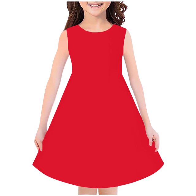vdgthytj Robes Midi d'Été pour Filles Col Rond Couleur Unie Robe Soleil Sans Manches Ligne A Fluide Longueur Genou