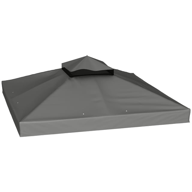 10' x 10' Double Tier Gazebo Replacement Canopy Cover in dark grey, crafted from durable 600D Oxford cloth with UPF30+ protection. Ideal for outdoor shade, it features a two-tier roof for air circulation, rain-draining holes, and hook-and-loop fasteners for easy setup. Compatible with Outsunny 100110-076 and 01-0153 series gazebos.