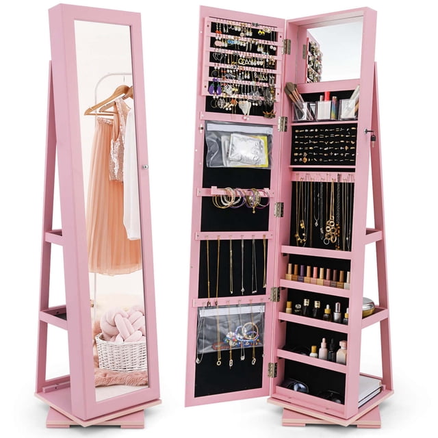Costway 360° Rotatable Jewelry Cabinet Armoire 2-in-1 Lockable Mirrored Pink