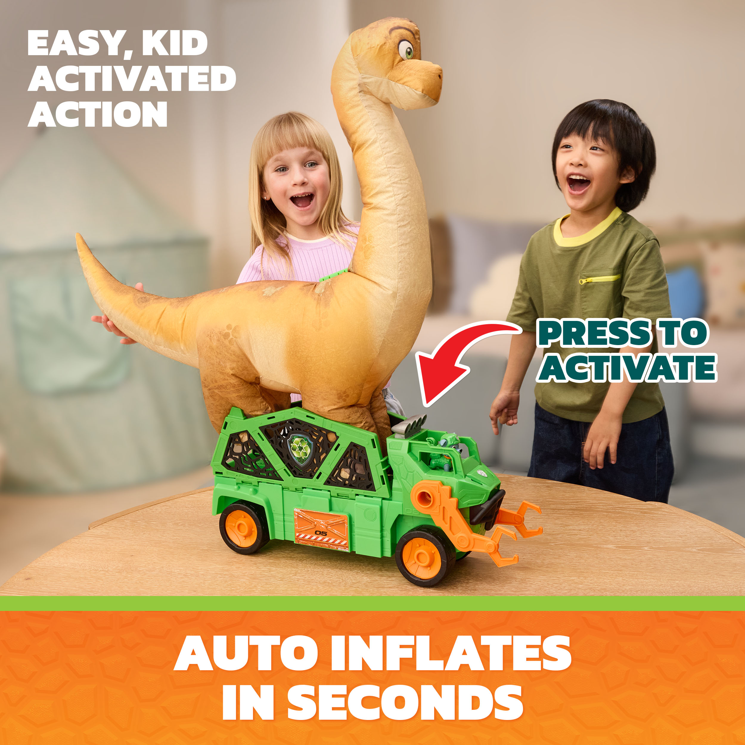 PAW Patrol: The Dino Movie, Véhicule Megasaurus Dino avec dinosaure gonflable de 76,2 cm et figurine Rocky articulée, jouets pour enfants d'âge préscolaire, pour filles et garçons à partir de 3 ans