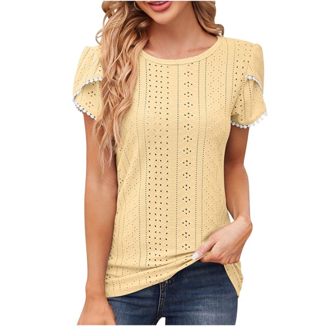 Timegard Hauts d'Été pour Femmes, Oeillets, Col Rond, Blouse à Manches Courtes Pétale, Chic Décontracté, Hauts Amples