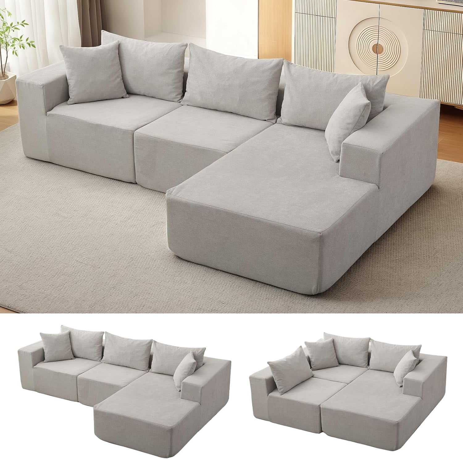 108" Modular Sectional Sofa, Cloud Sectional Couch with L-Shape Chaise, Modern Modular Deep Seat Sofa Couch, Upholstered Boneless Couches for Living Room Bedroom, Right Facing Chaise, Beige