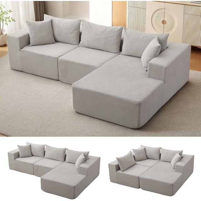 108" Canapé Sectionnel Modulaire, Couchage Sectionnel Nuage avec Chaise en forme de L, Canapé de siège profond Modulaire Moderne, Coussures sans os rembourrées pour Chambre à coucher, Vue droite Chaise, Beige