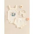 thumbnail image 4 of FOCUSNORM Baby Girl Summer Outfits Waffle Flower Embroidered Sleeveless Romper Ruffles Shorts Headband 3Pcs Clothes Set, 4 of 9