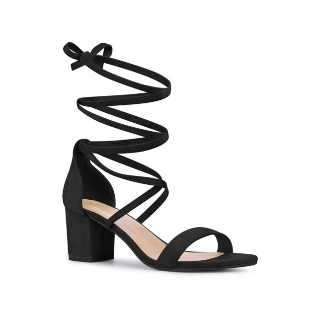 BLISSFUL STEP Sandales à Talon Bloc Moyen à Lacets et Brides pour Femmes Noir (Taille 10)