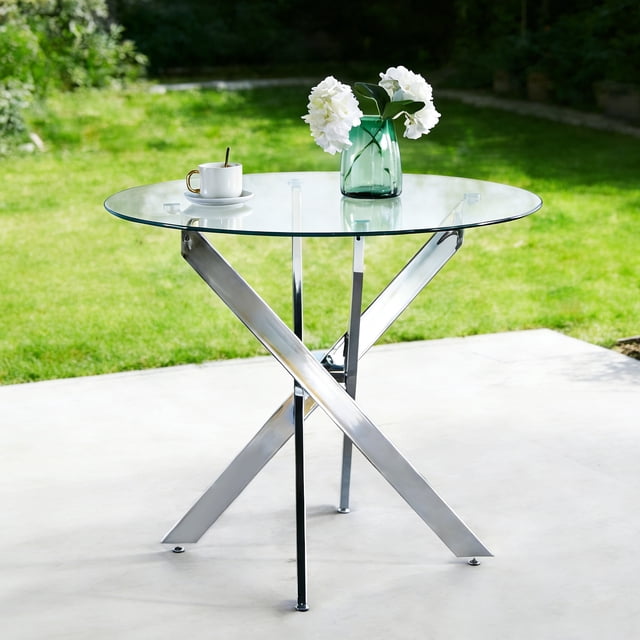 LHYY Table à Manger Ronde, Table à Manger en Verre, Carrée 90x90x75 cm, Pied Chromé, Dessus de Table en Verre