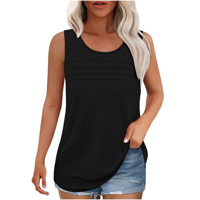 Besolor Womens Summer Sleeveless Shirts 2025 Casual Round Neck Tank Tops Loose Solid Color Basic Tee Plus Size