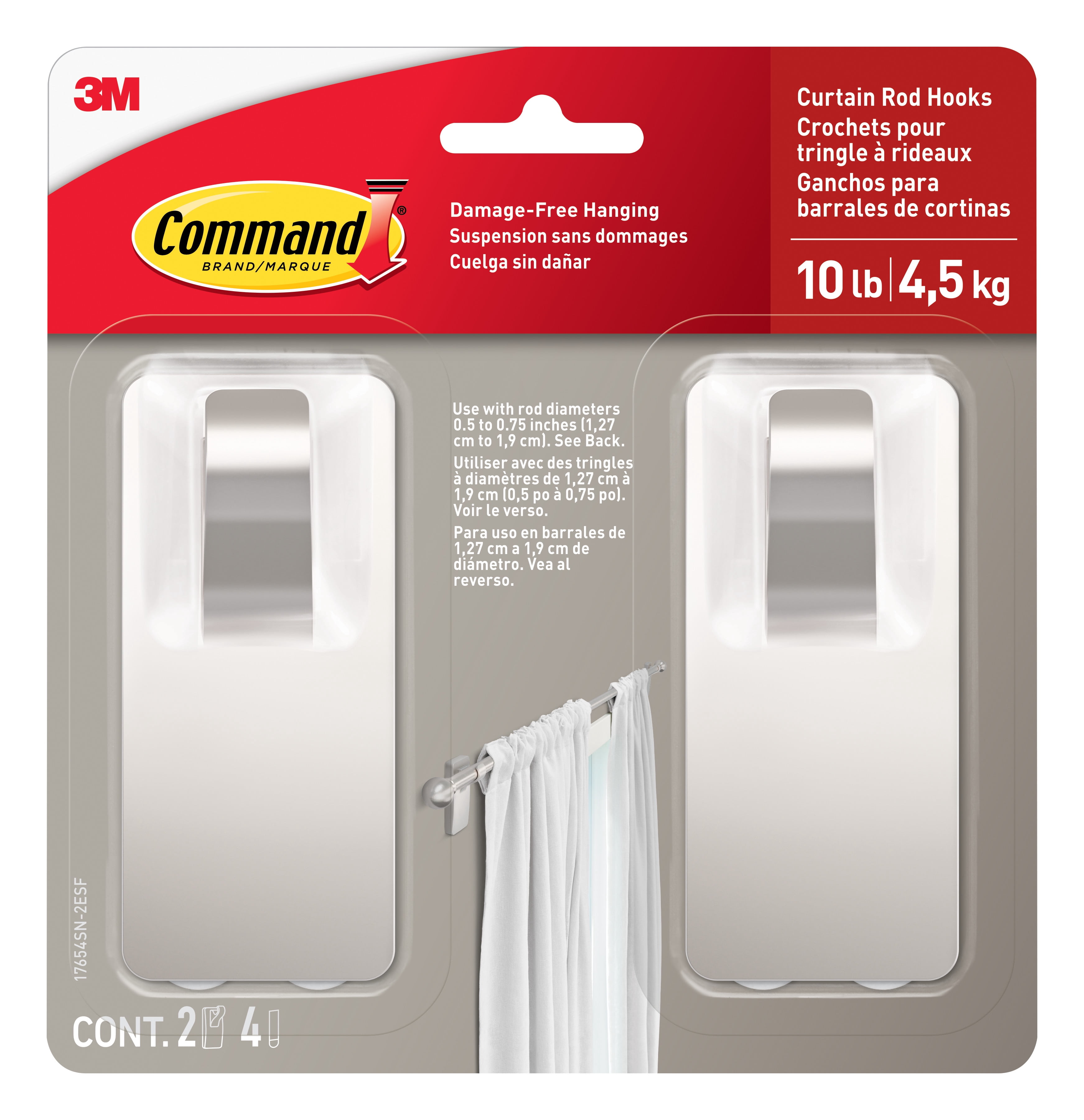Command Satin Nickel Curtain Rod Hooks, 2 Hooks, 4 Adhesive Strips
