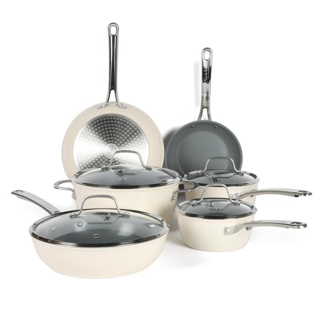 Sur La Table Gourmet Cuisine 10 Piece Aluminum Cookware Set with Glass Lid in linen white featuring nonstick frying pans, saucepans, and stockpot with stainless steel handles and glass lids, compatible with induction cooktops and ideal for versatile cooking.