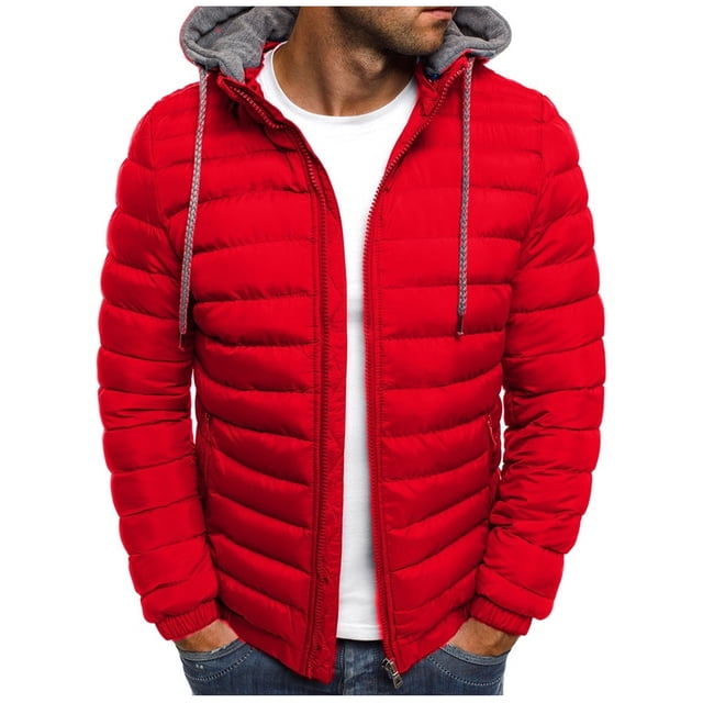 RKSTN Mens Down Jacket Solid Color Drawsting Hooded Jacket Winter Fashion Cotton Padded Jacket Warm Windproof Lightweight Puffer Jacket