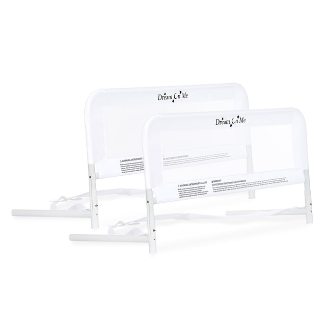Dream On Me Mesh Security Bed Rails, Double Pack centered front view of two breathable mesh rails with reinforced anchor system, stabilizer bar and no-catch edges; width-adjustable to fit twin mattresses, assembles in seconds without tools, recommended for mattresses 5" or less, measures 33.5 x 10 x 15".