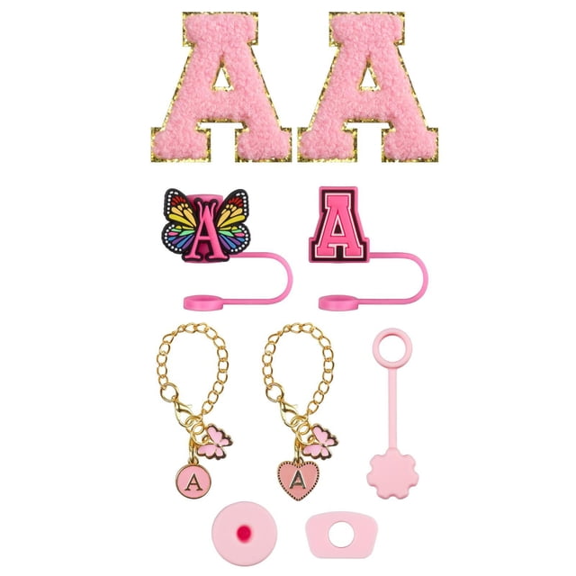 Complete Decorative Upgrade Kit for Drinkware with Embroidery Patch Straw Covers Charm Necklace Chain and Leak Guard Accessories